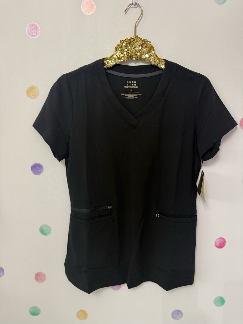 White Cross Black V-Neck Short Sleeve Scrub Top